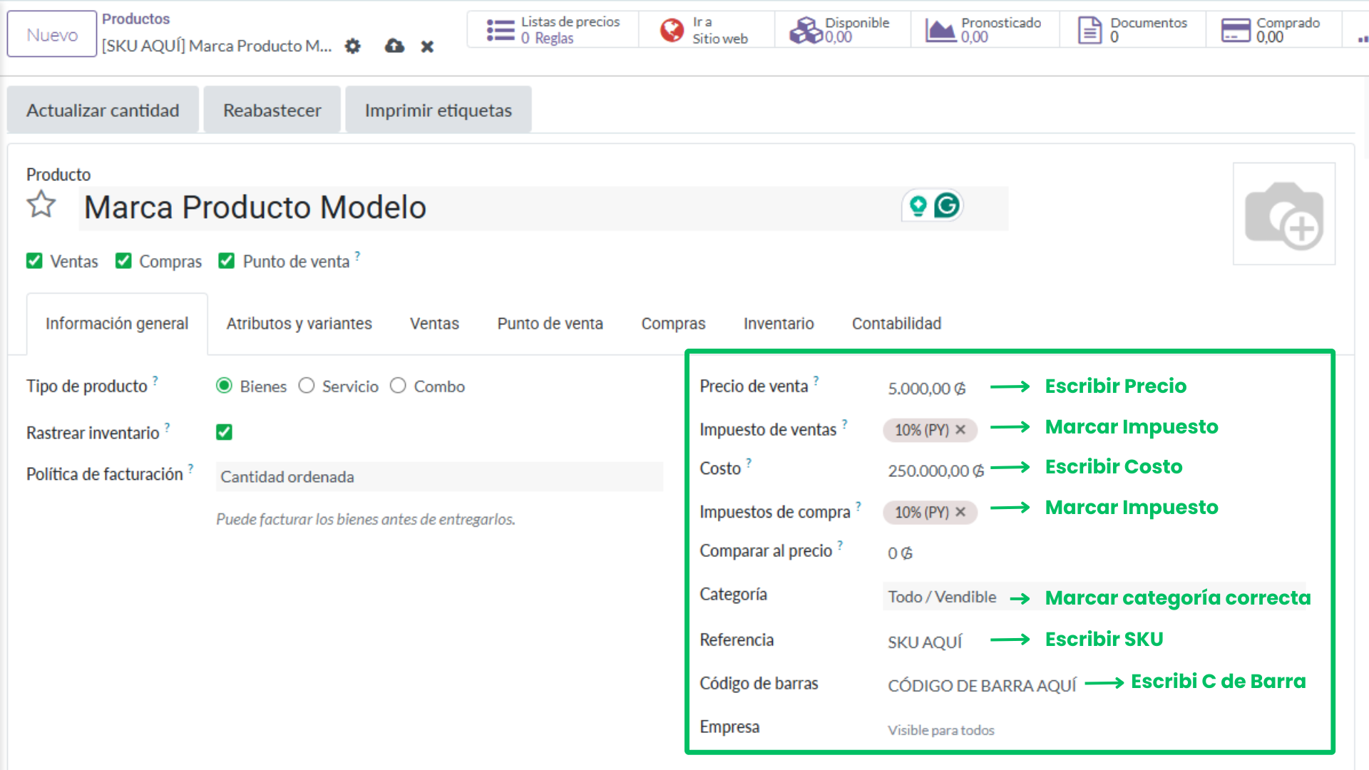 7. Configurar precio, costo, impuestos, categoría, SKU, etc.